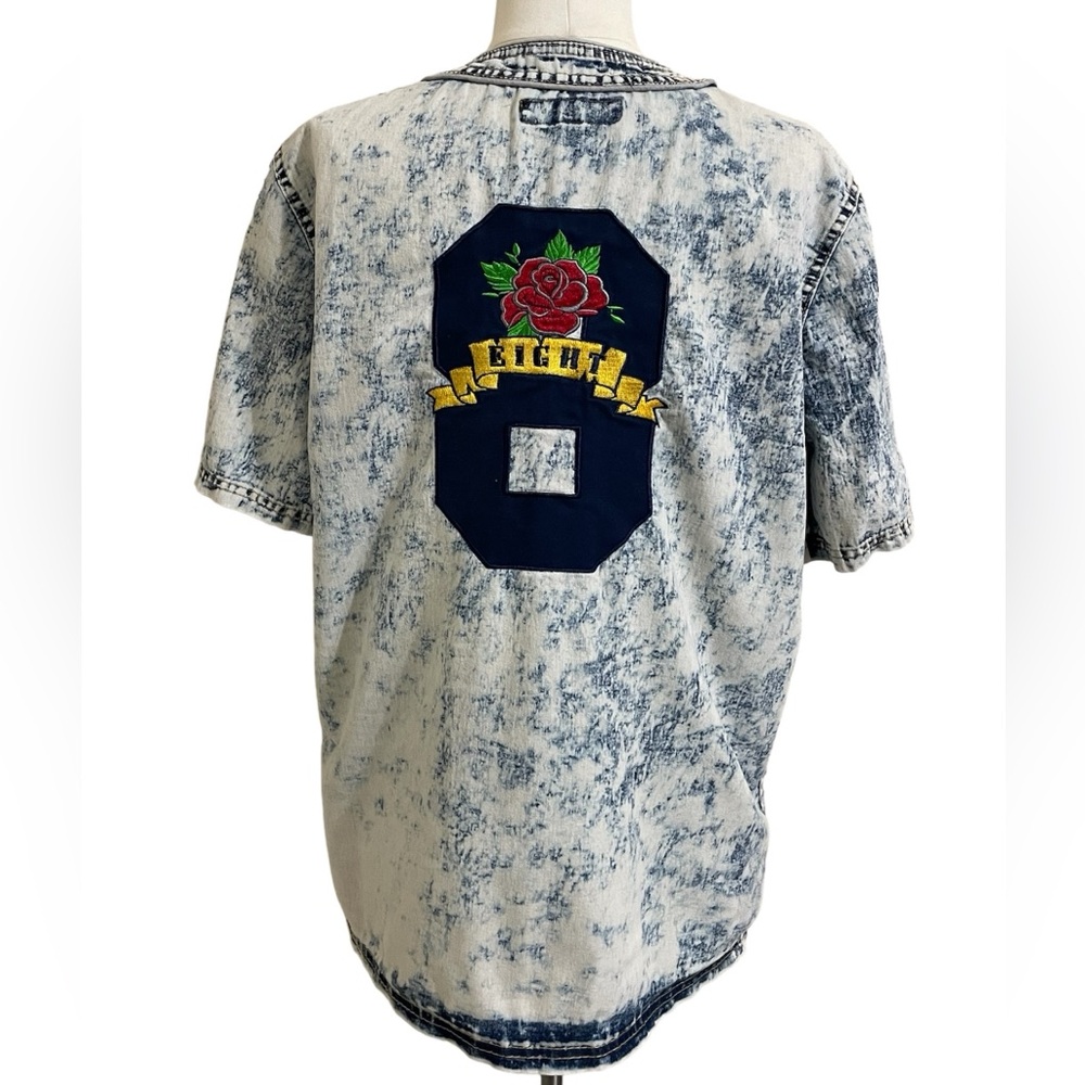 Men’s RETRO DISTRIKT Blue Acid Wash Baseball Jersey Eight Stitched Patch Small